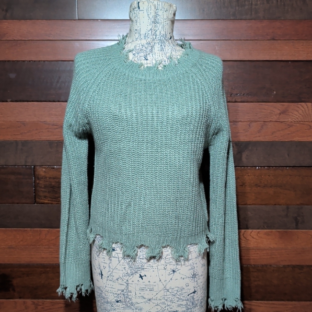 Full Circle Trends Green Distressed Knit Sweater